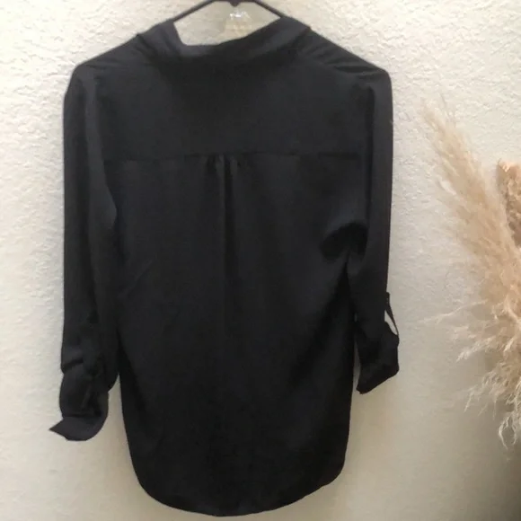 Pleione | surplice Black Faux Wrap Roll Up Sleeves Blouse - Picture 6 of 9